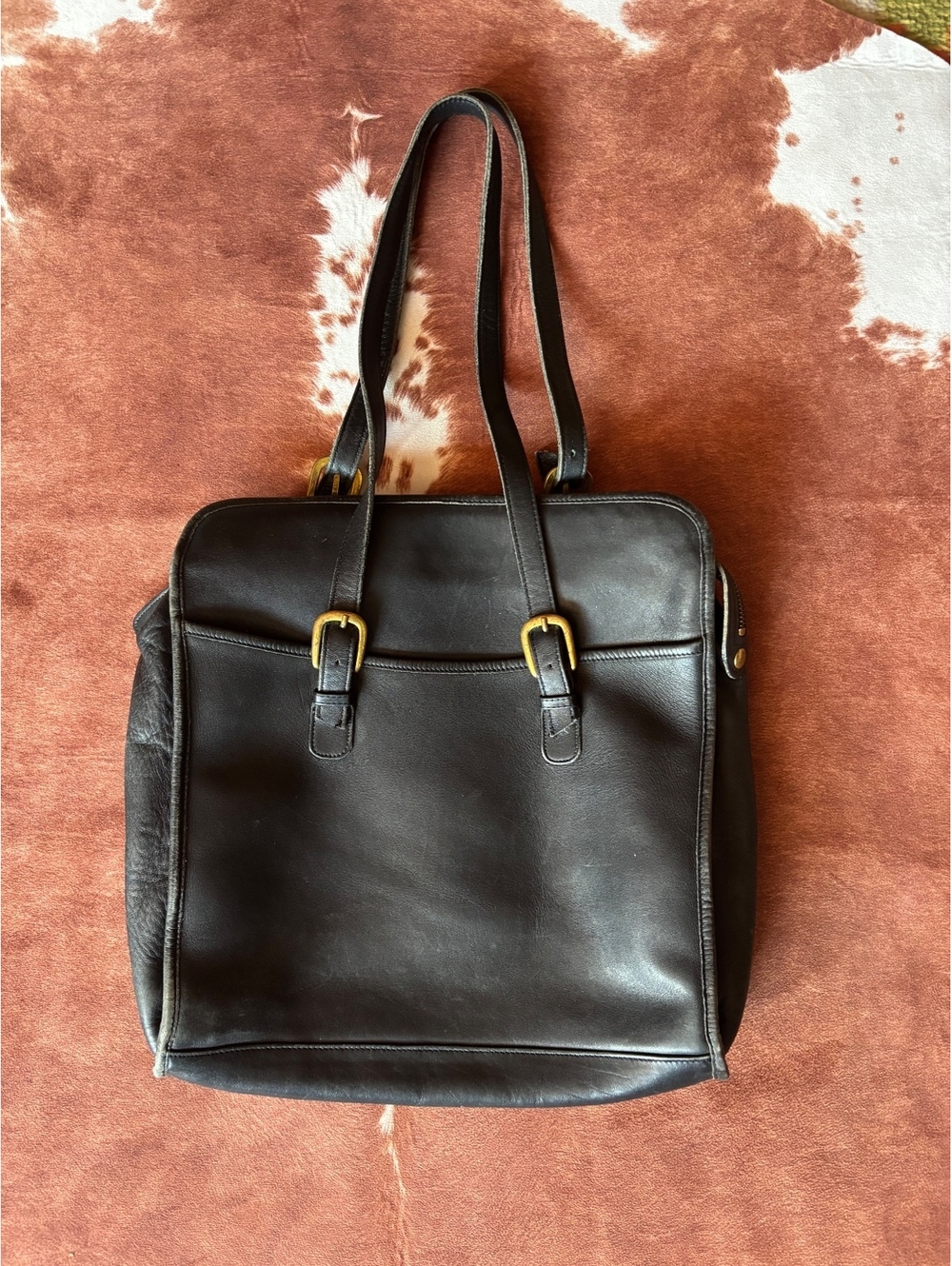 Vintage Laura USA Black Leather Shoulder Bag Large Structured Tote 90s Handbag